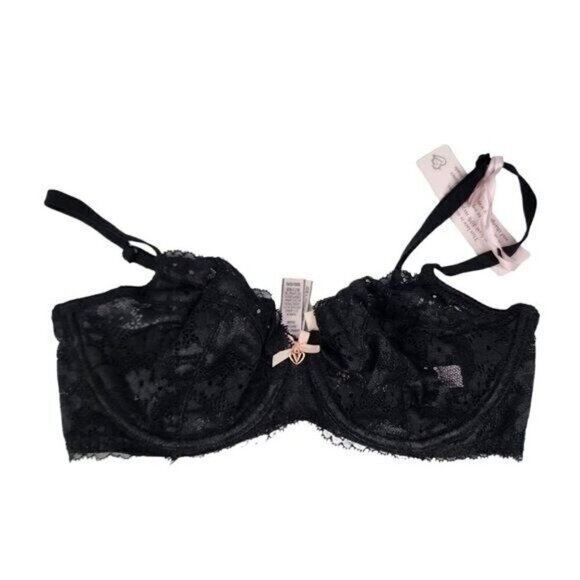 NEW Victoria Secret Unlined Demi Black Sheer Lace Pink Bow Size 32D - Picture 1 of 7